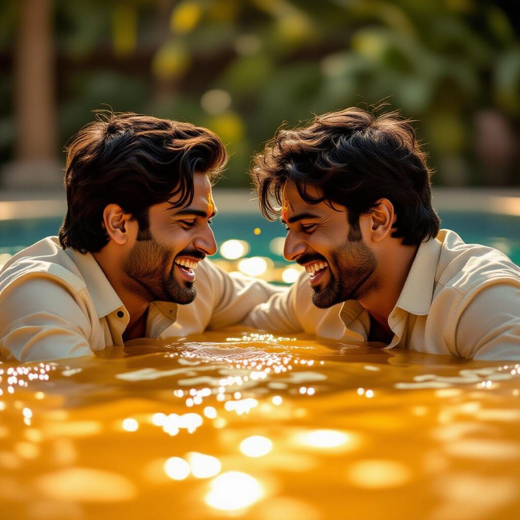 Intense Curry Tussle: Indian Men in Golden Pool