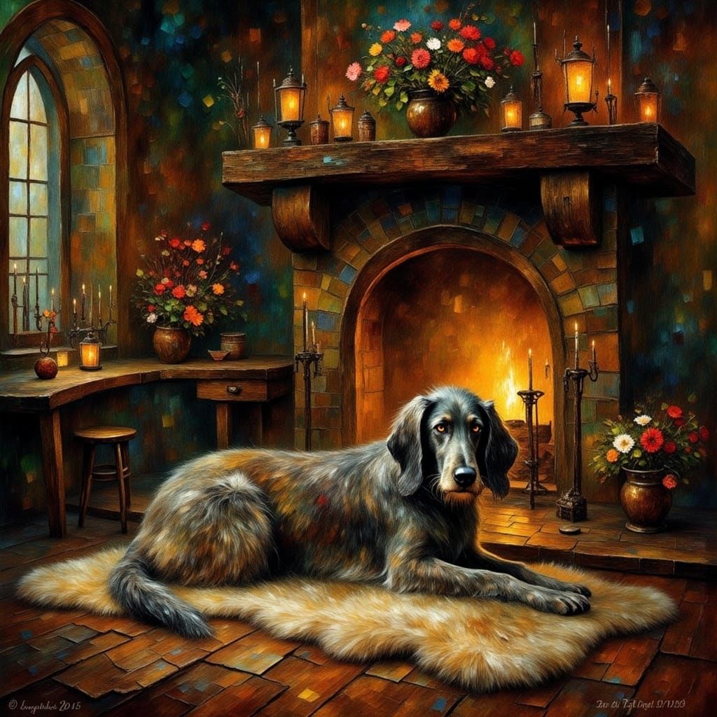Impressionistic Irish Wolfhound by the Fireplace