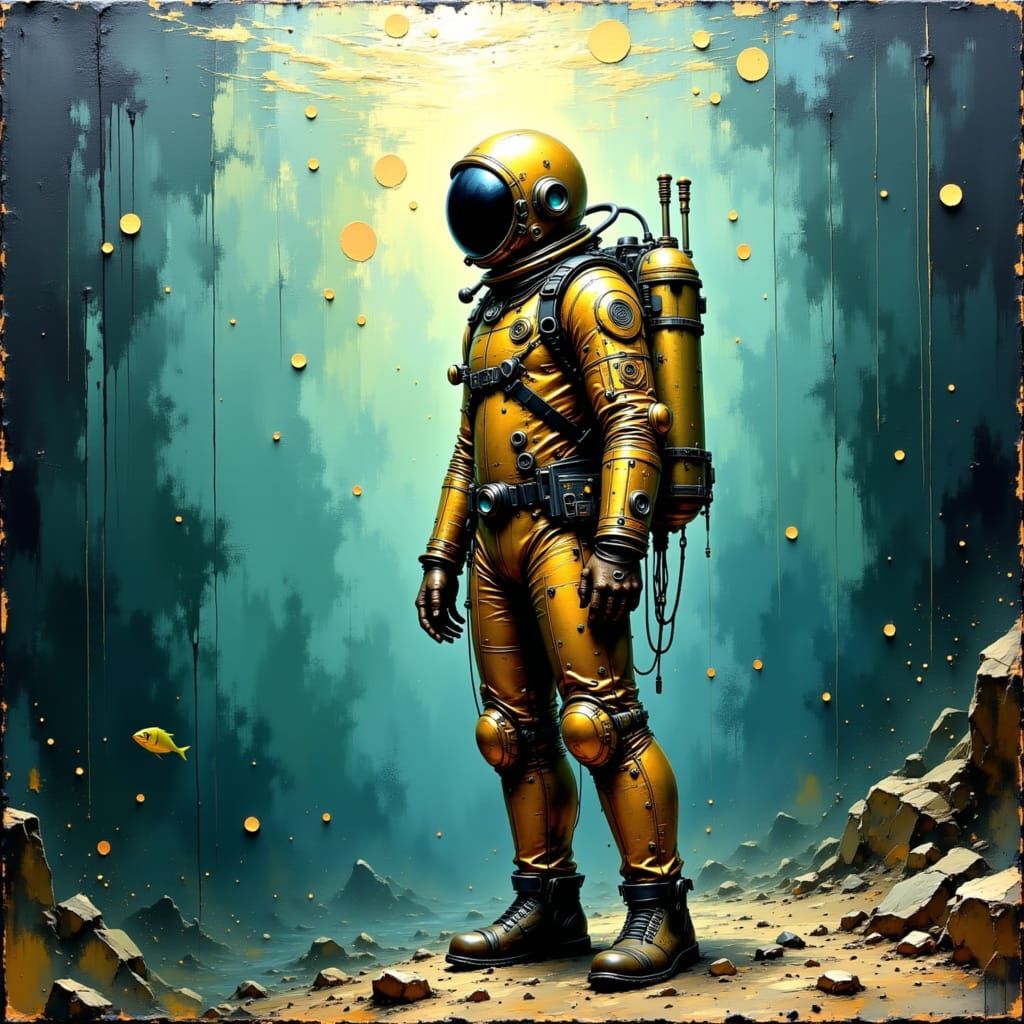 Vintage Deep Sea Diver Underwater as Impasto Painting