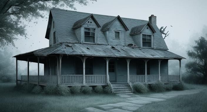 Ghostly Figure at Abandoned House on a Hill