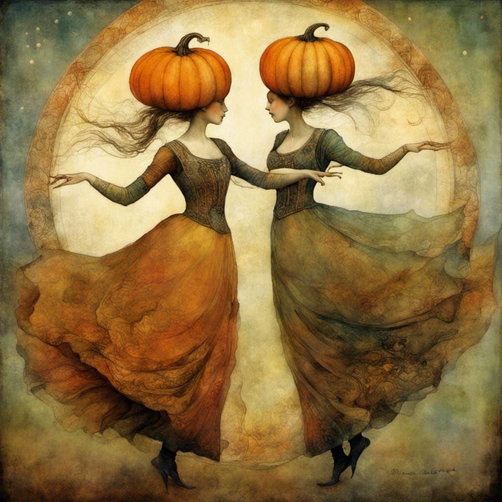 Sisters Dancing Between Pumpkins in Magical Realism Style
