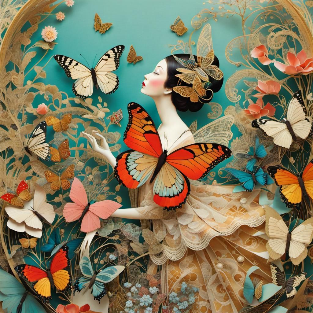 Mixed Media Collage Art with Butterflies and Lace