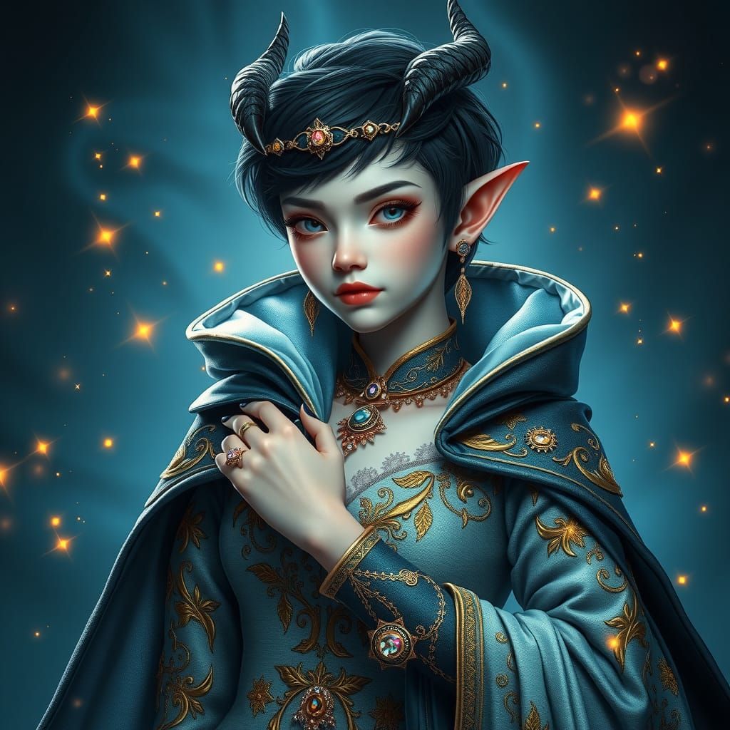 Regal Tiefling Girl with Ethereal Magic Sparks