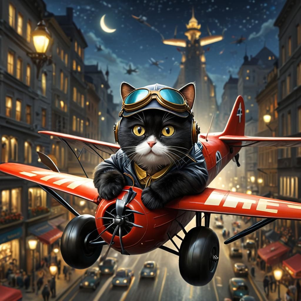 Black Cat Pilot Soaring Through City Streets