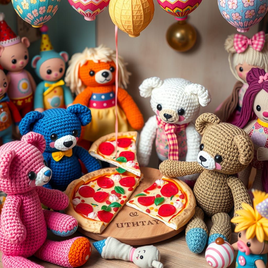 Amigurumi Pizzas and Teddy Bears in Whimsical Party