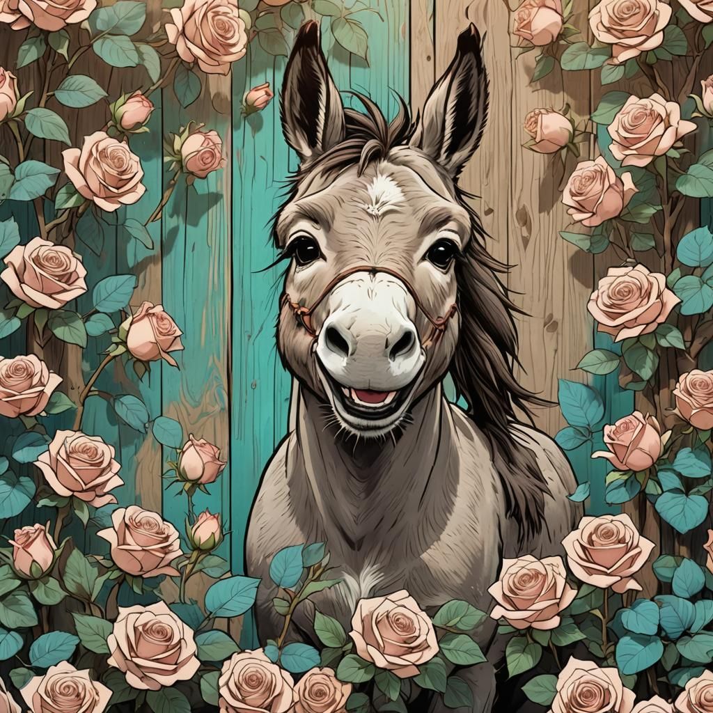 Cute Donkey in Teal Roses, Anime Style