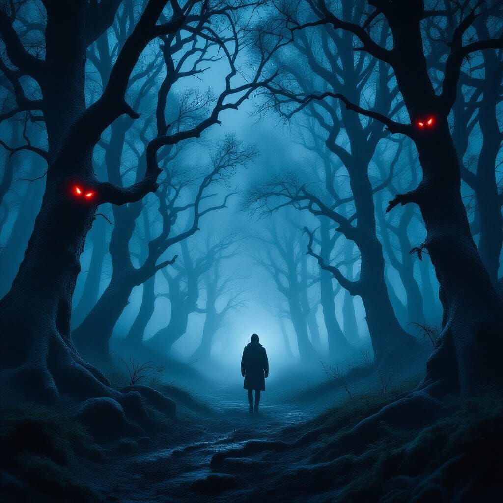 Lost Traveler in Twisted Forest of Horror