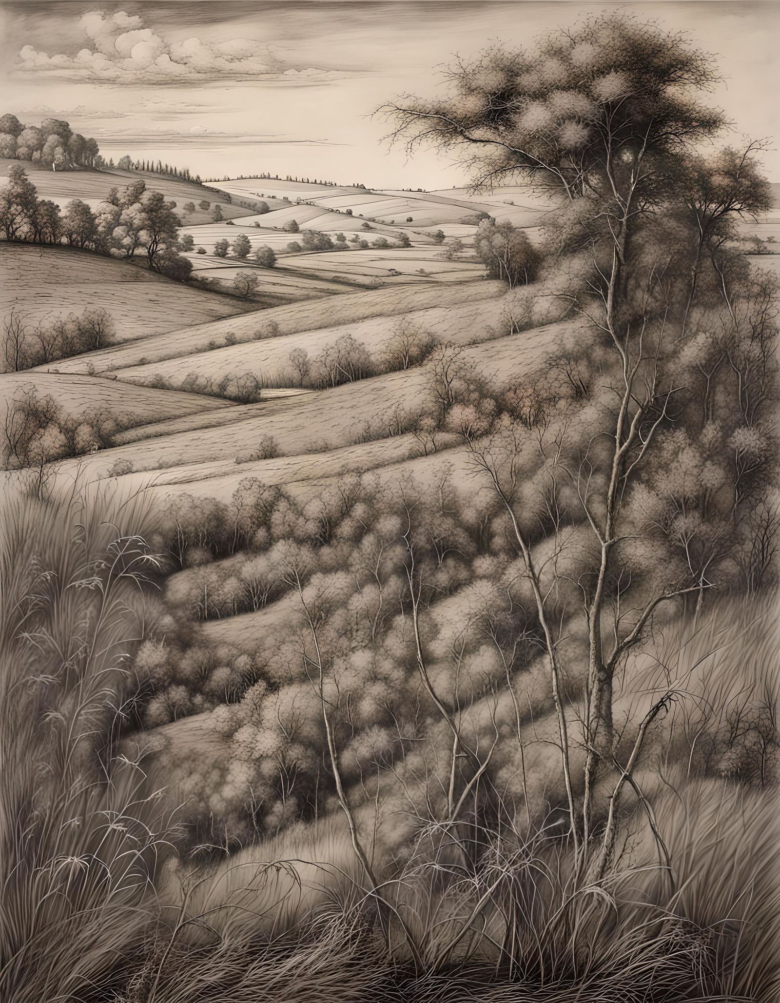 Hyperdetailed Charcoal Grasslands in Durer Style
