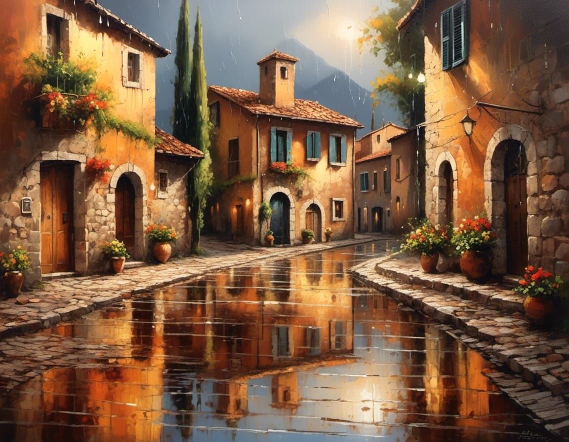 Golden Light on Wet Cobblestone: Italian Village Scene