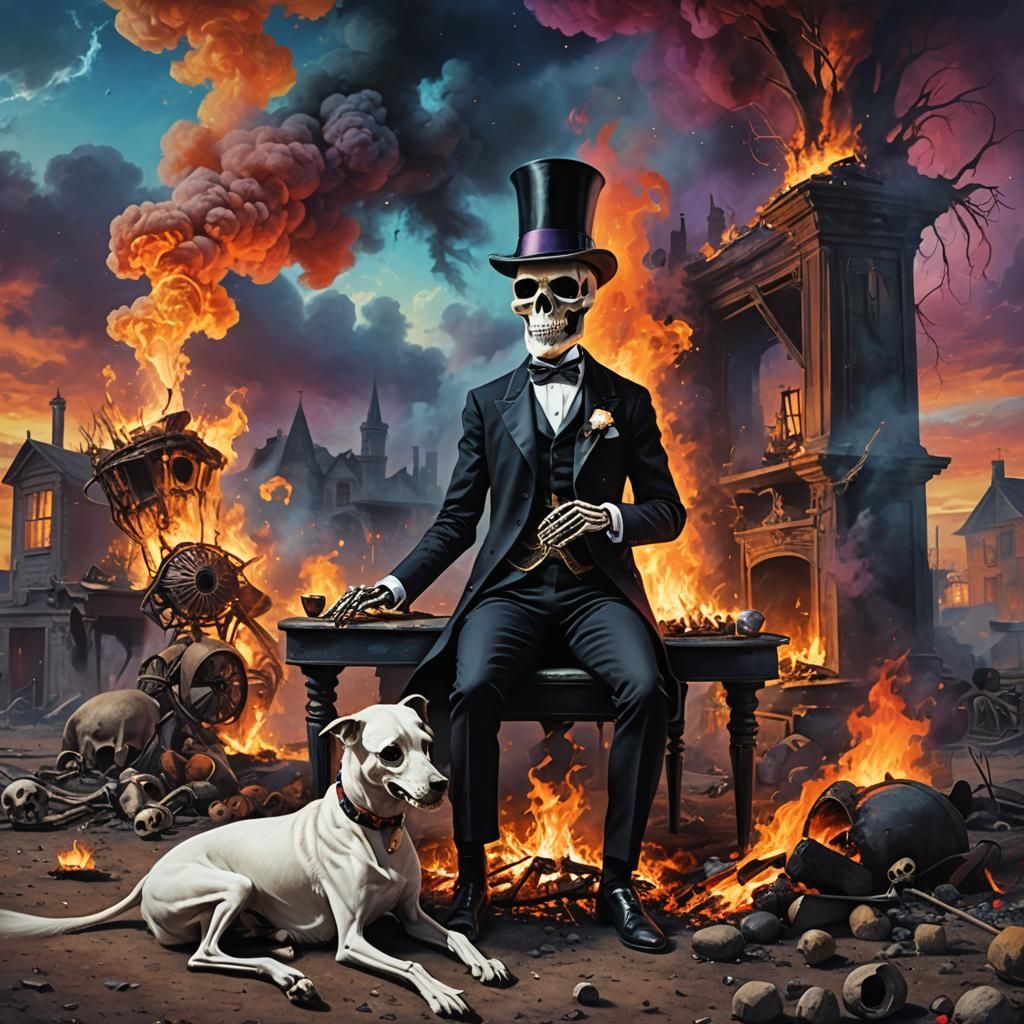 Skeleton in Top Hat Beside Fire in Vivid Scene