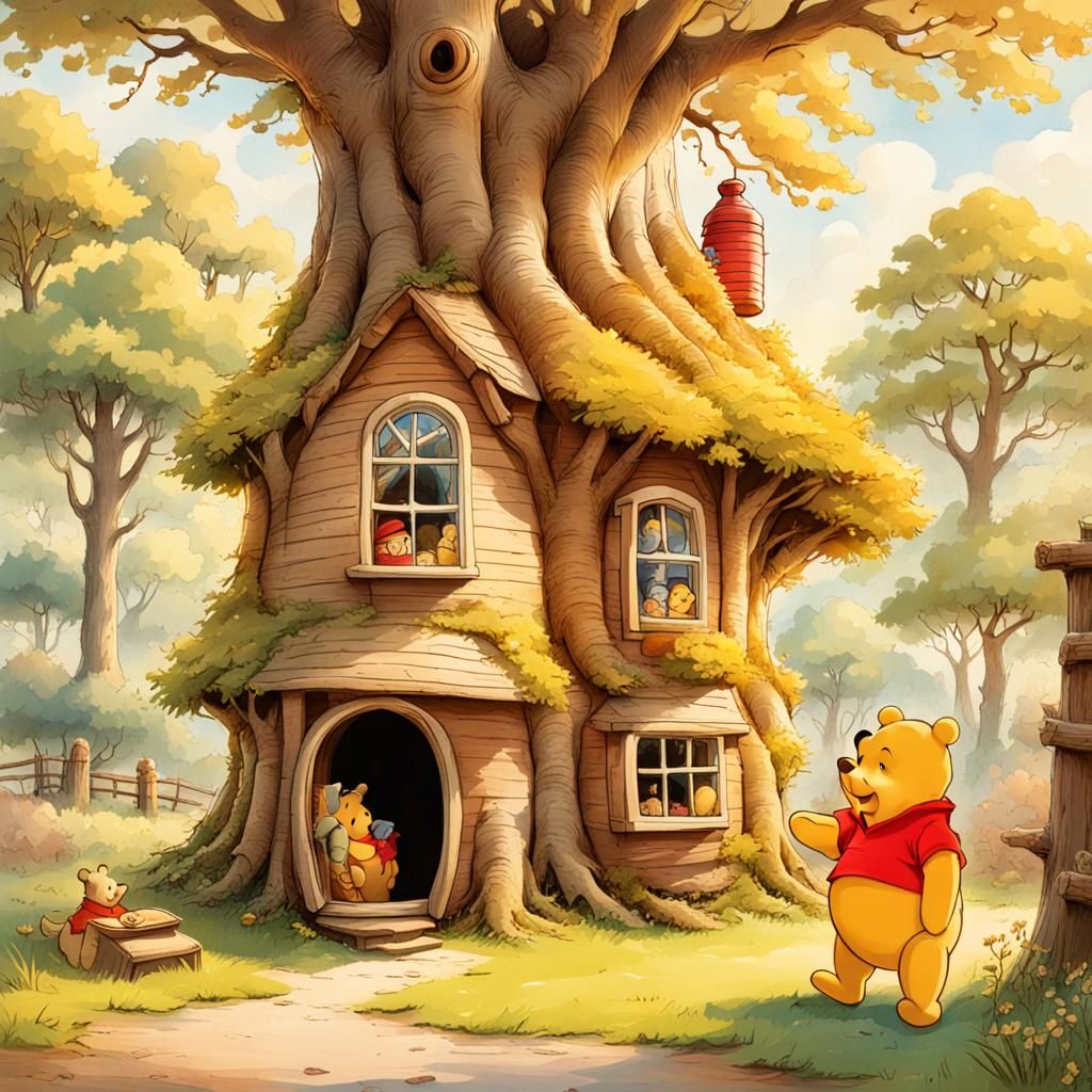 Winnie-the-Pooh at His Tree Hollow Home