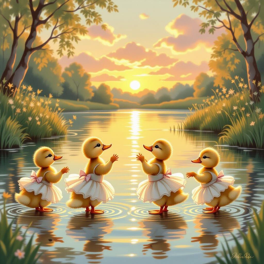 Ducklings Riverdance at Sunset: Beatrix Potter Style