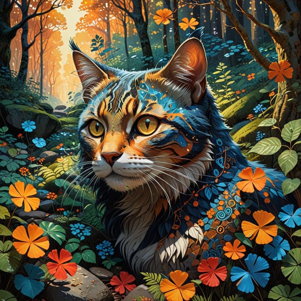 Ethereal Feline Explorers a Vibrant Woodland Realm