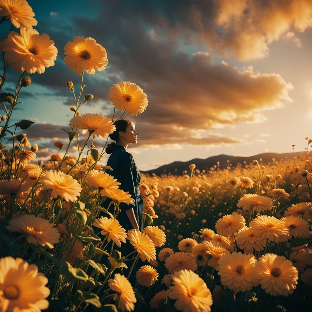 Woman in Hypnotic Floral Dreamscape: Cinematic Still