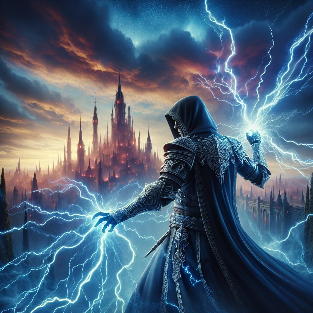 Lightning Wizard Casting Spell in High Fantasy Landscape