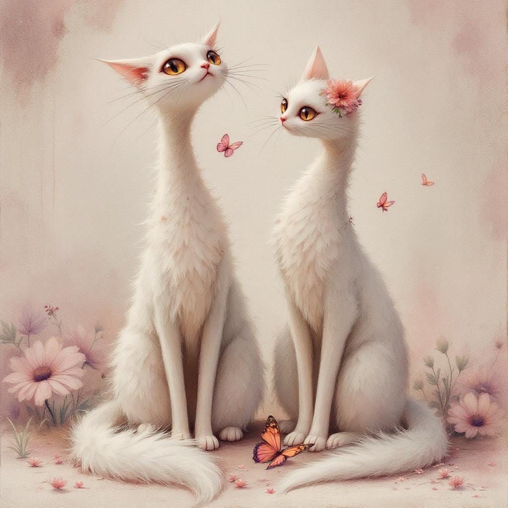 Pastel Cats with Fantasy Flowers in Matte Painting Style