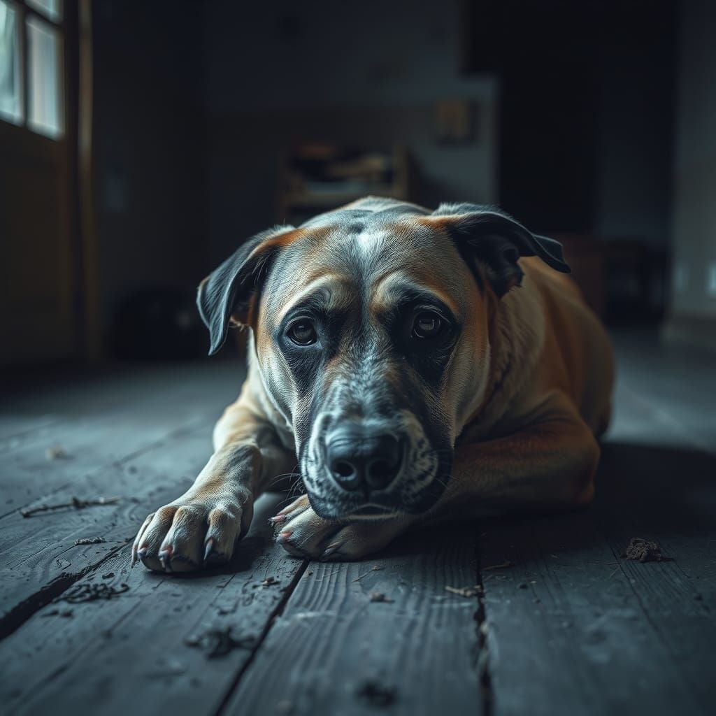 Melancholic Dog in Dark Atmospheric Rendering