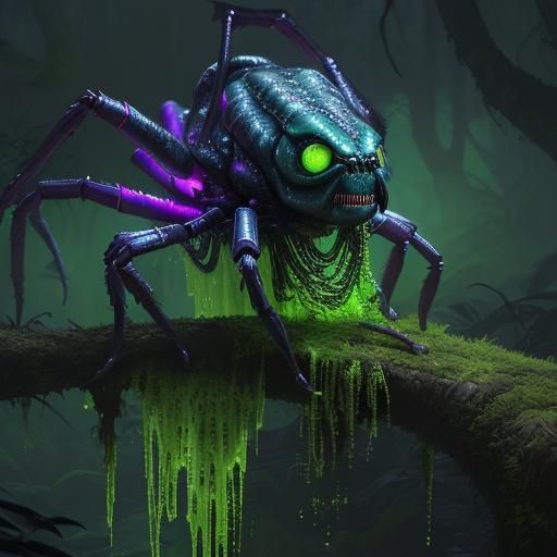 Alien Spider Dripping Slimy Liquid in Misty Forest