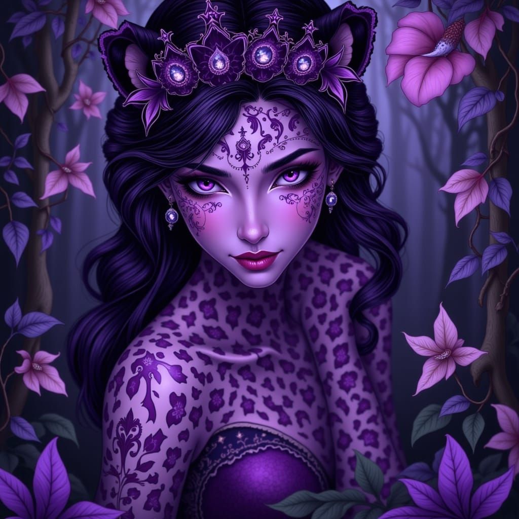 Purple Jungle Princess in a Vibrant Cyberpunk Aesthetic