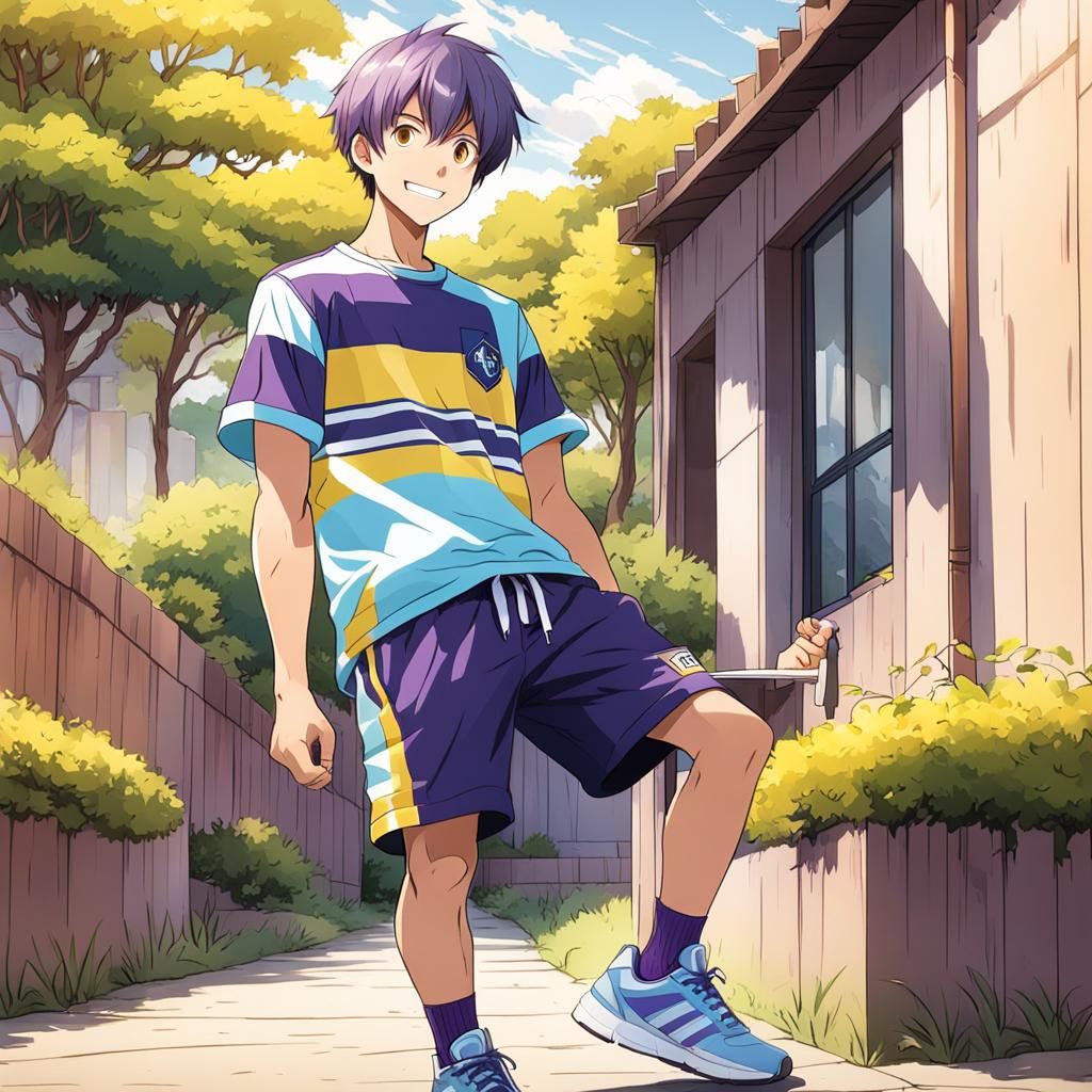 Anime Boy with Purple Hair in Backyard