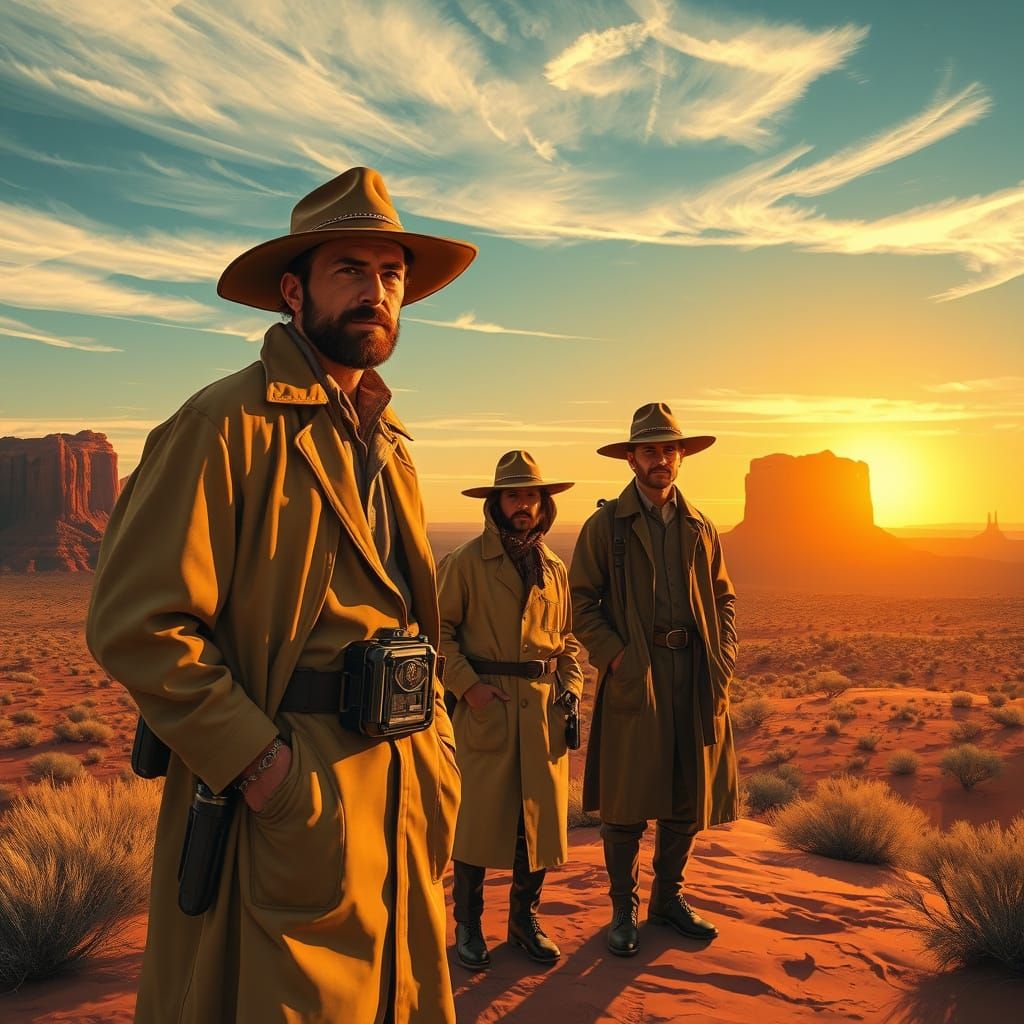 Worn Duster Coats on Rust-Red Plains in Hypermodern Style