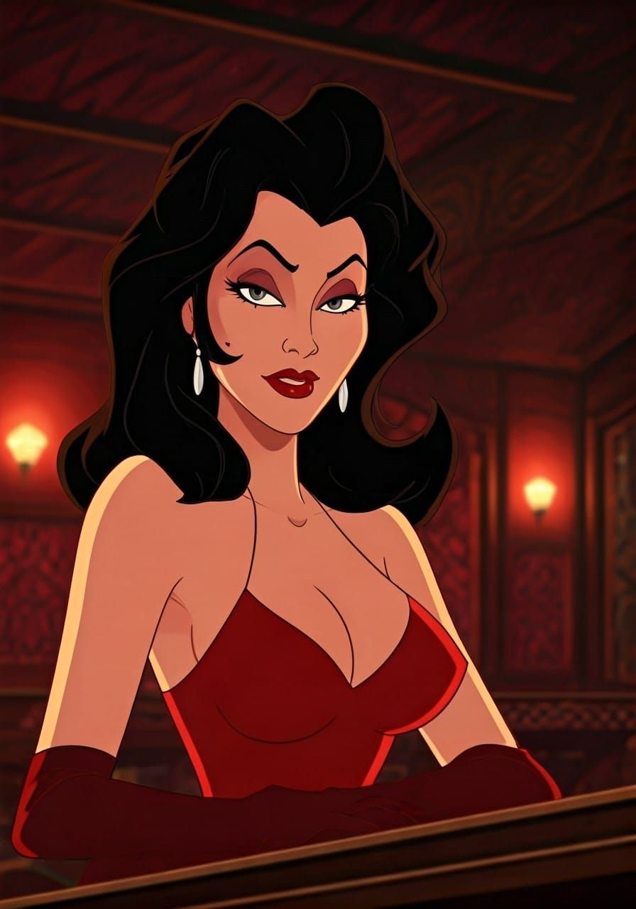 Natasha Fatale in Sultry Red Dress, Gazing at the Camera