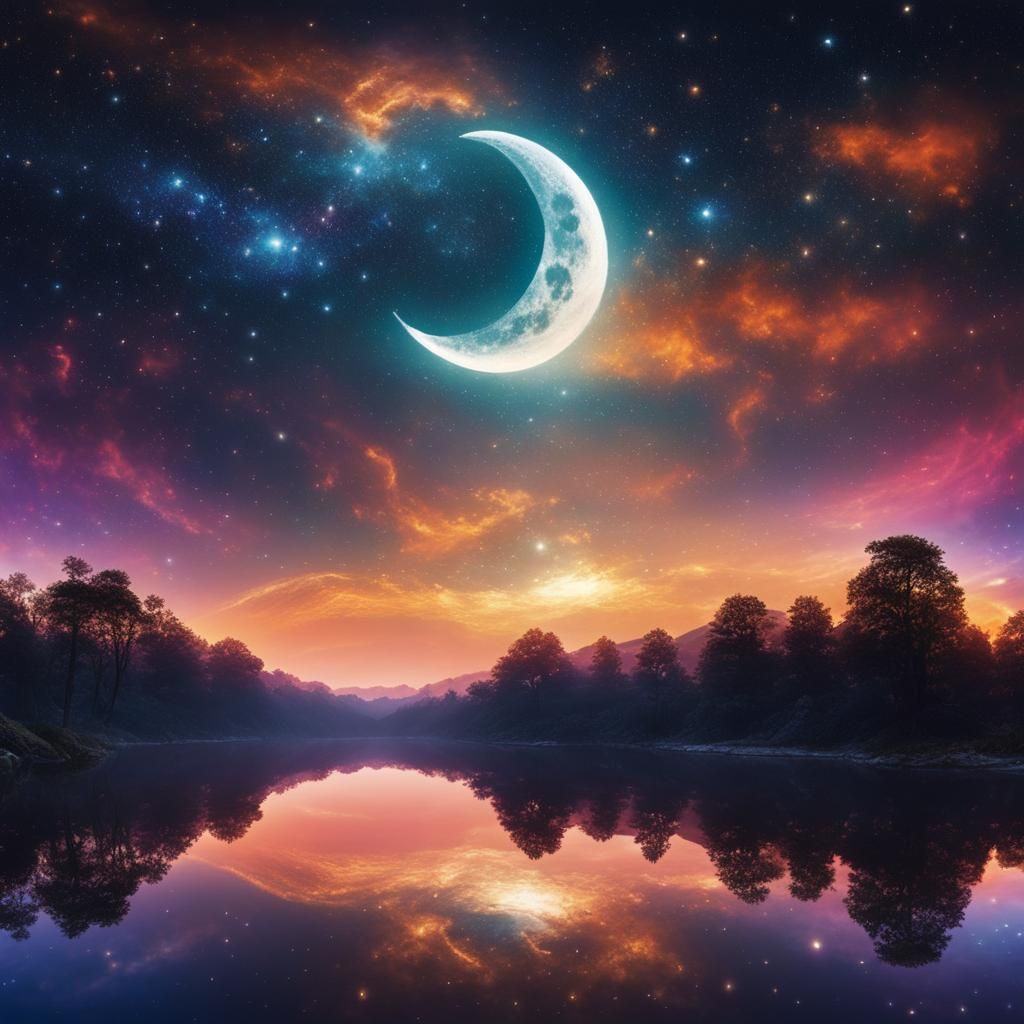 Cosmic Galaxy Moon Reflection in Anime Style