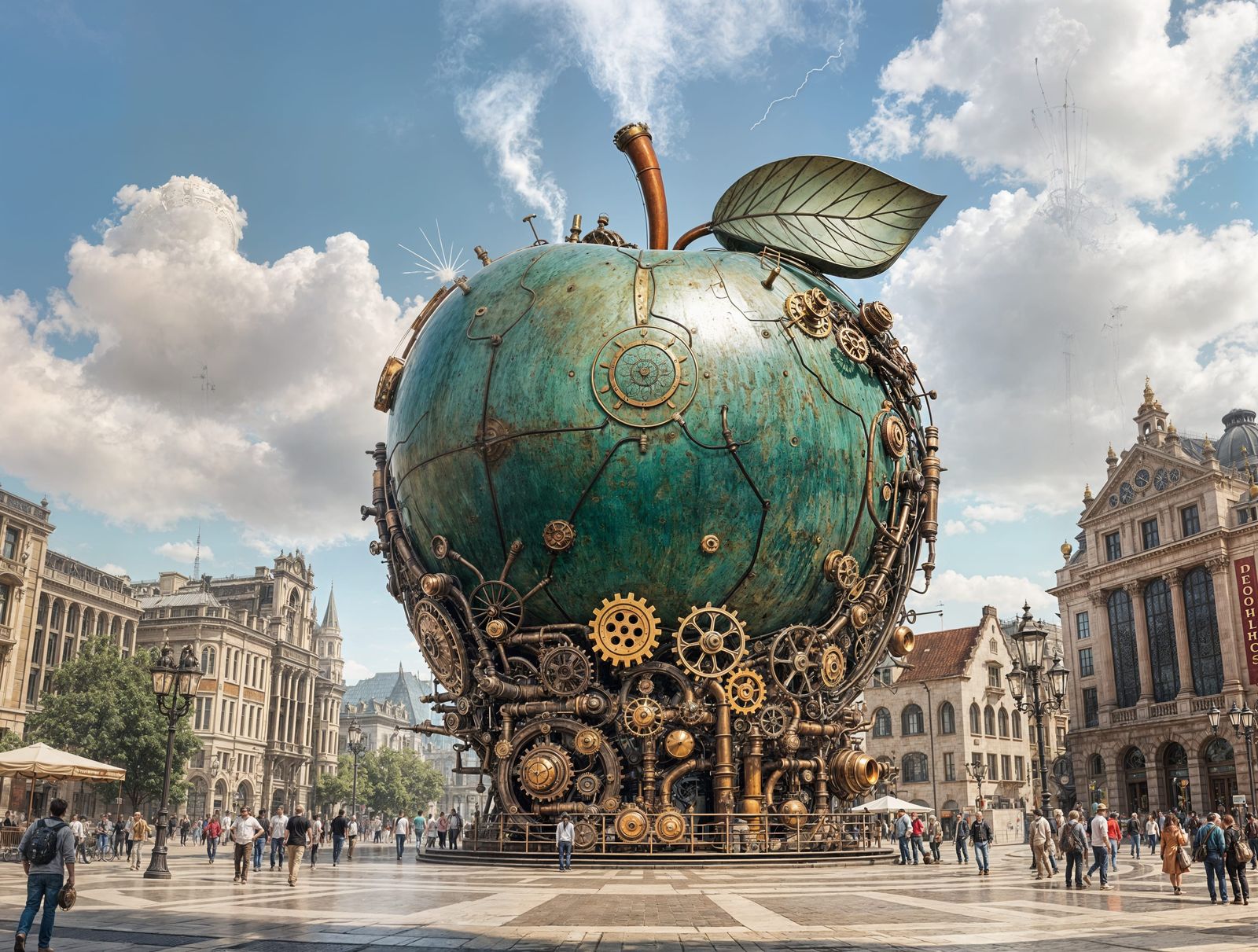 Steampunk Apple Sculpture in Open Air Plaza
