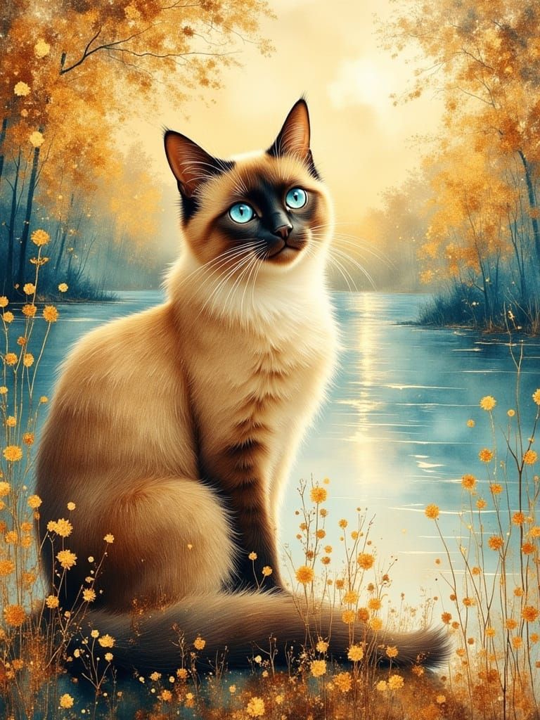 Long-Haired Siamese Cat in Dreamscape Landscape
