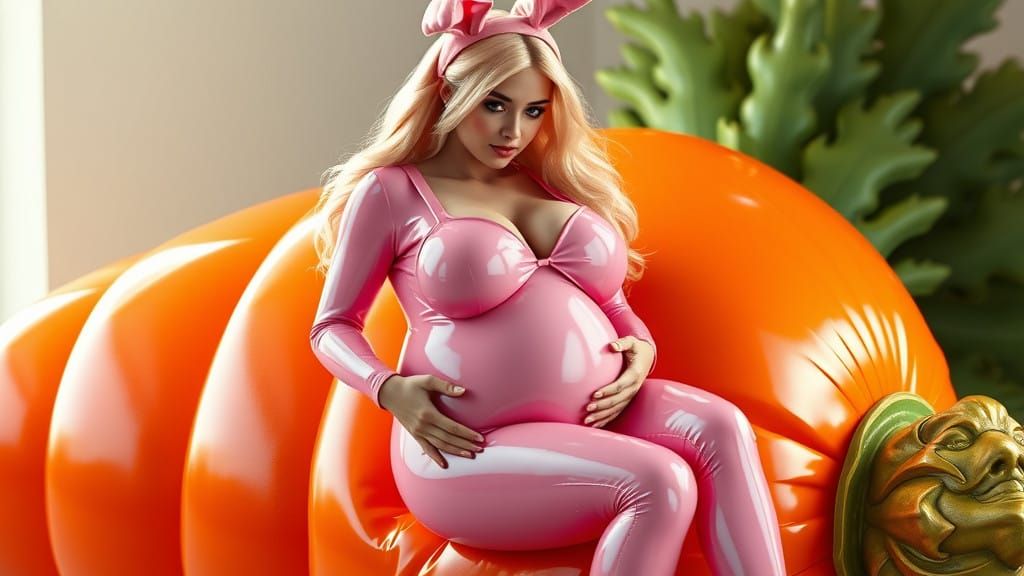 Glamorous Pink Bunny Riding a Giant Orange Carrot