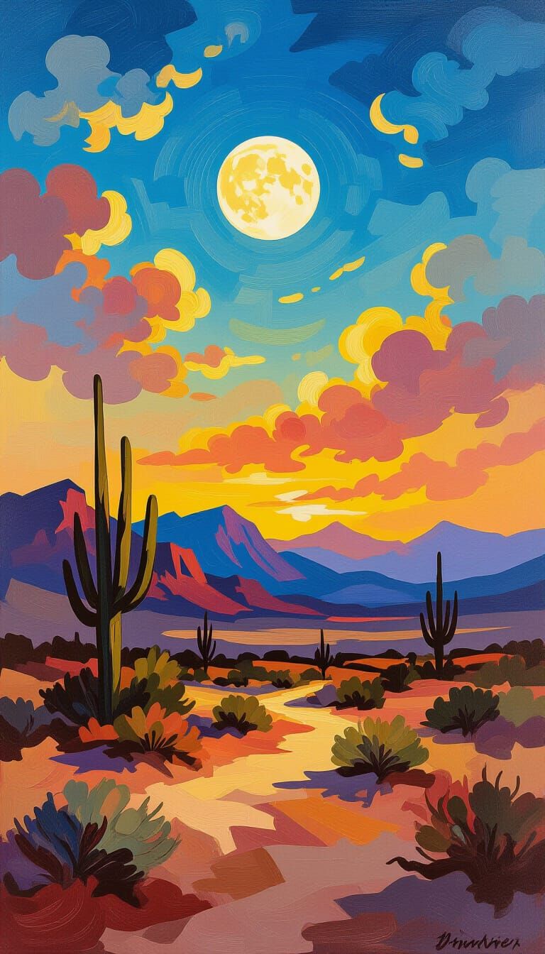 Moonlit Desert Landscape in Romantic Style
