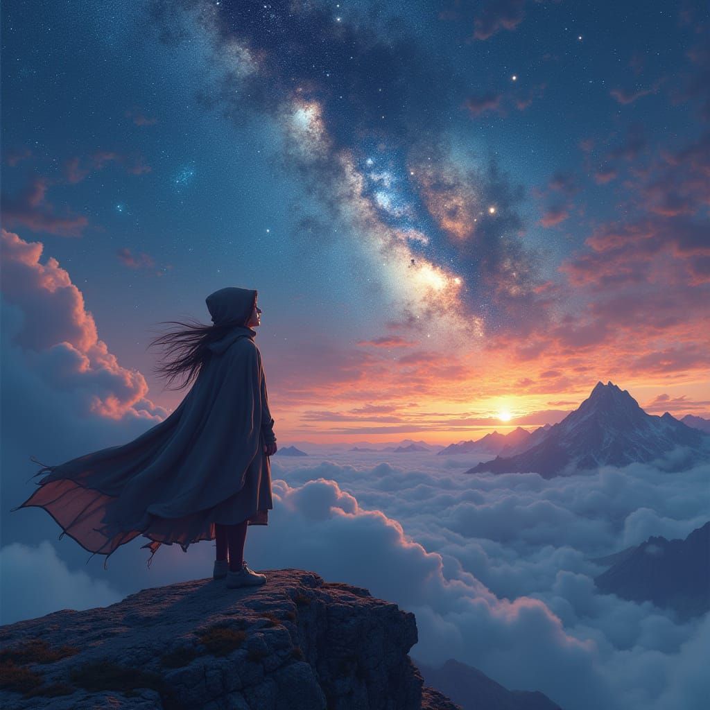 Woman Gazes at Galaxy from Mountain Peak
