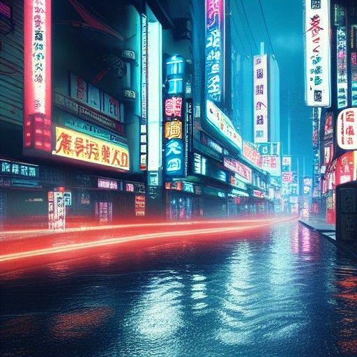 Neon-Lit Rainy Night in Cyberpunk Japanese City