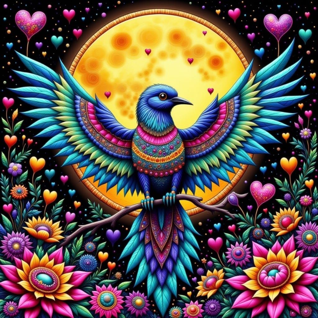 Intricate Blue Bird with Mandala Wings on Moonlit Branch