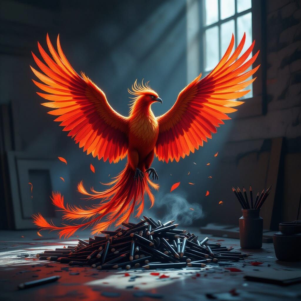 Majestic Phoenix Rises from Pencils in Dark Fantasy Style