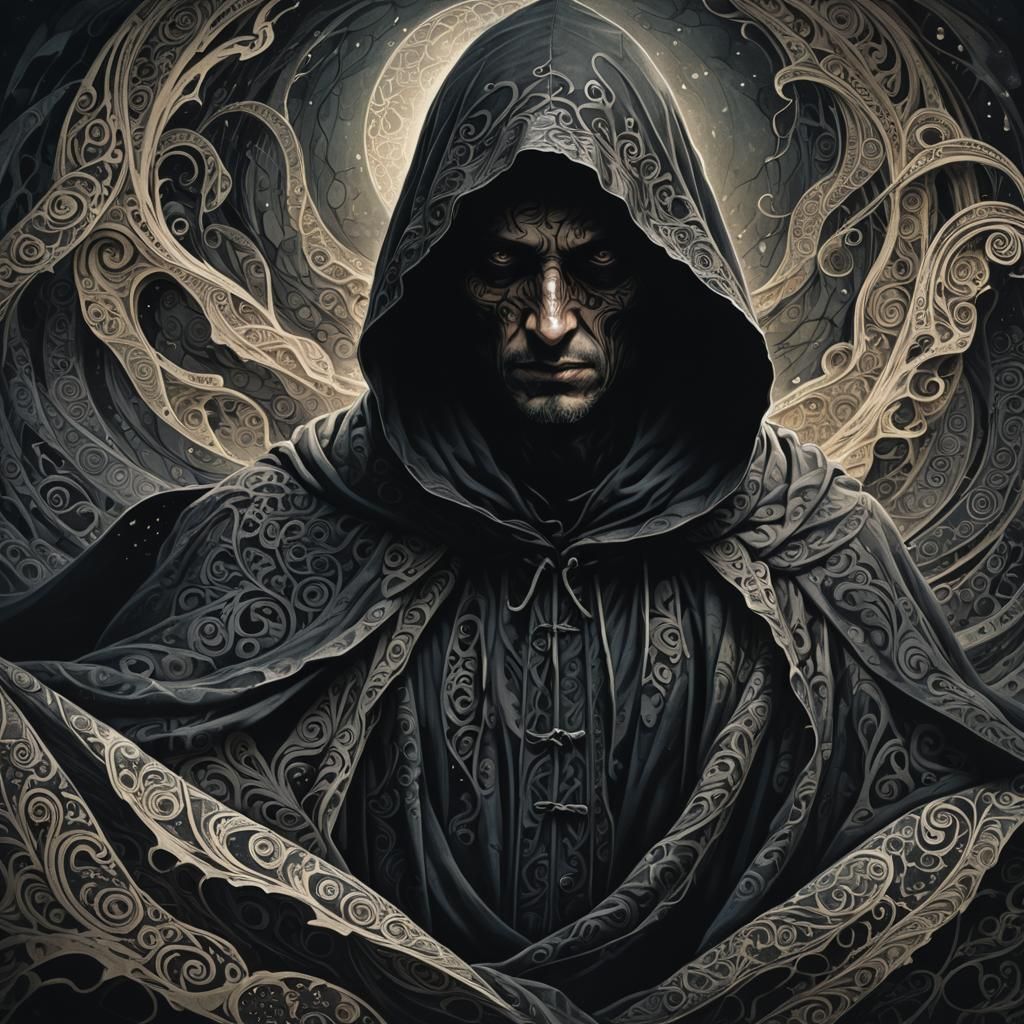 Surreal Figure Struggles Under Burdened Cloak in Dark Mystic...