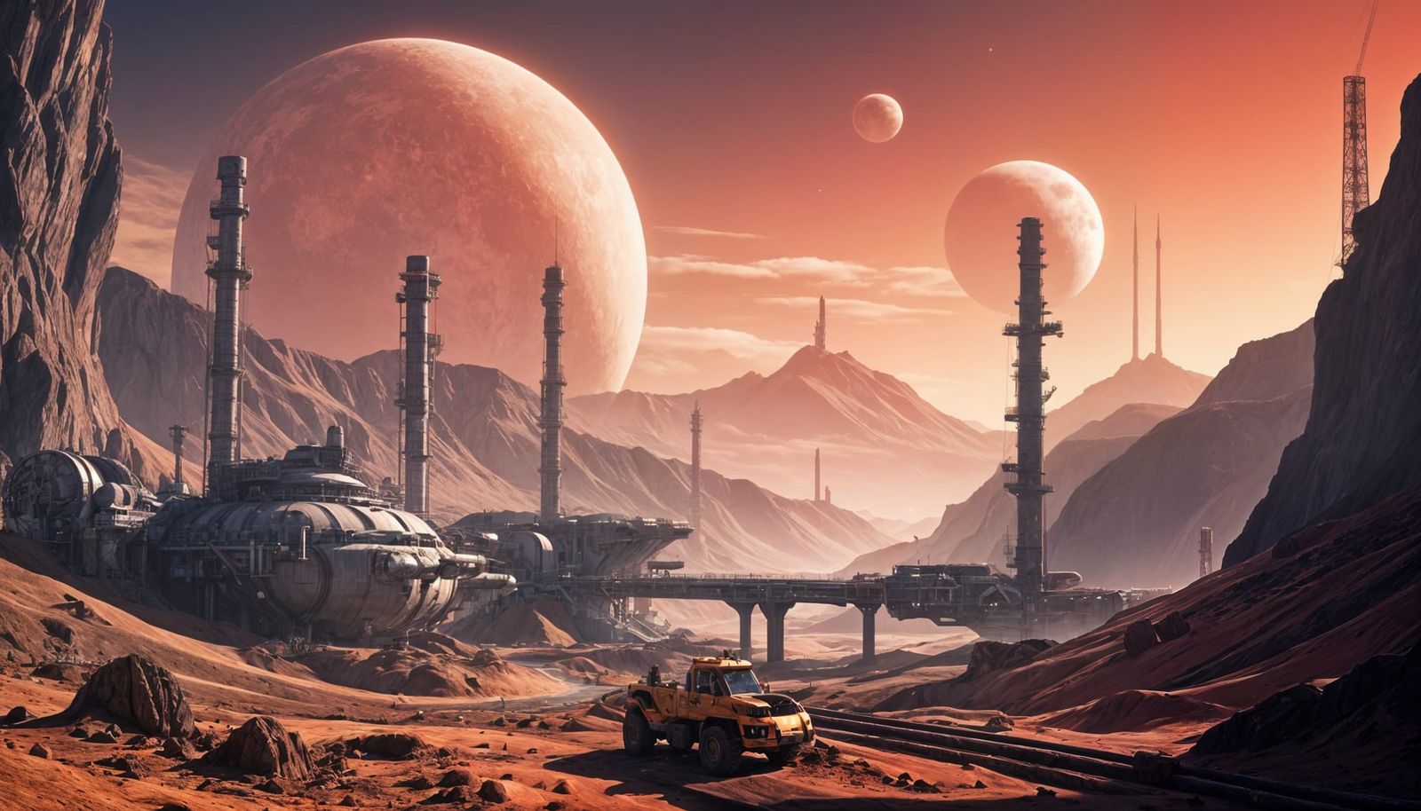 Dusty Offworld Mining Colony Under Pink Hazy Skies