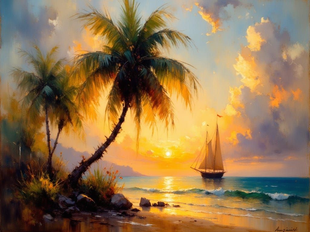 Tropical Seascape in Warm Sunset Light, with Majestic Palm T...
