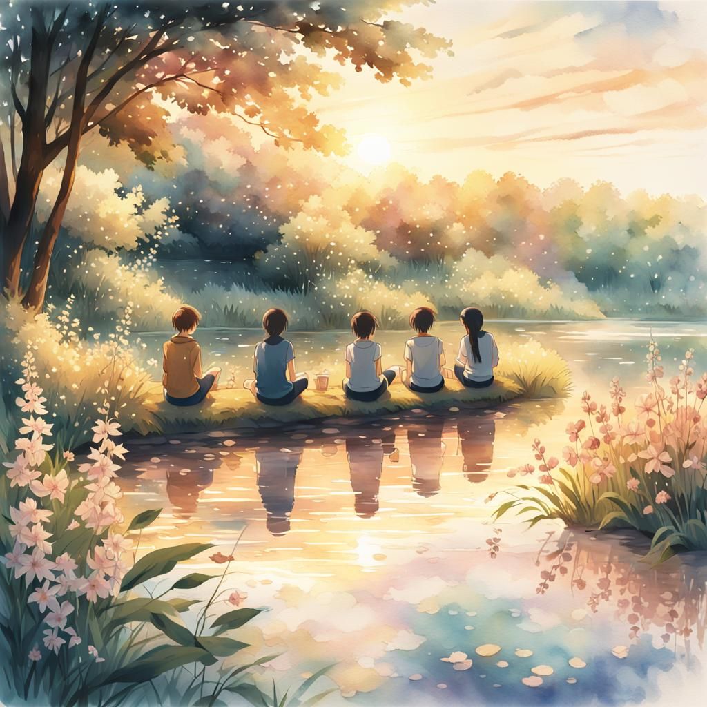 Friends Enjoying Riverside Sunset in Anime Style