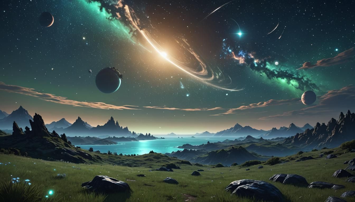 Anime Fantasy World at Night Under Starry Sky