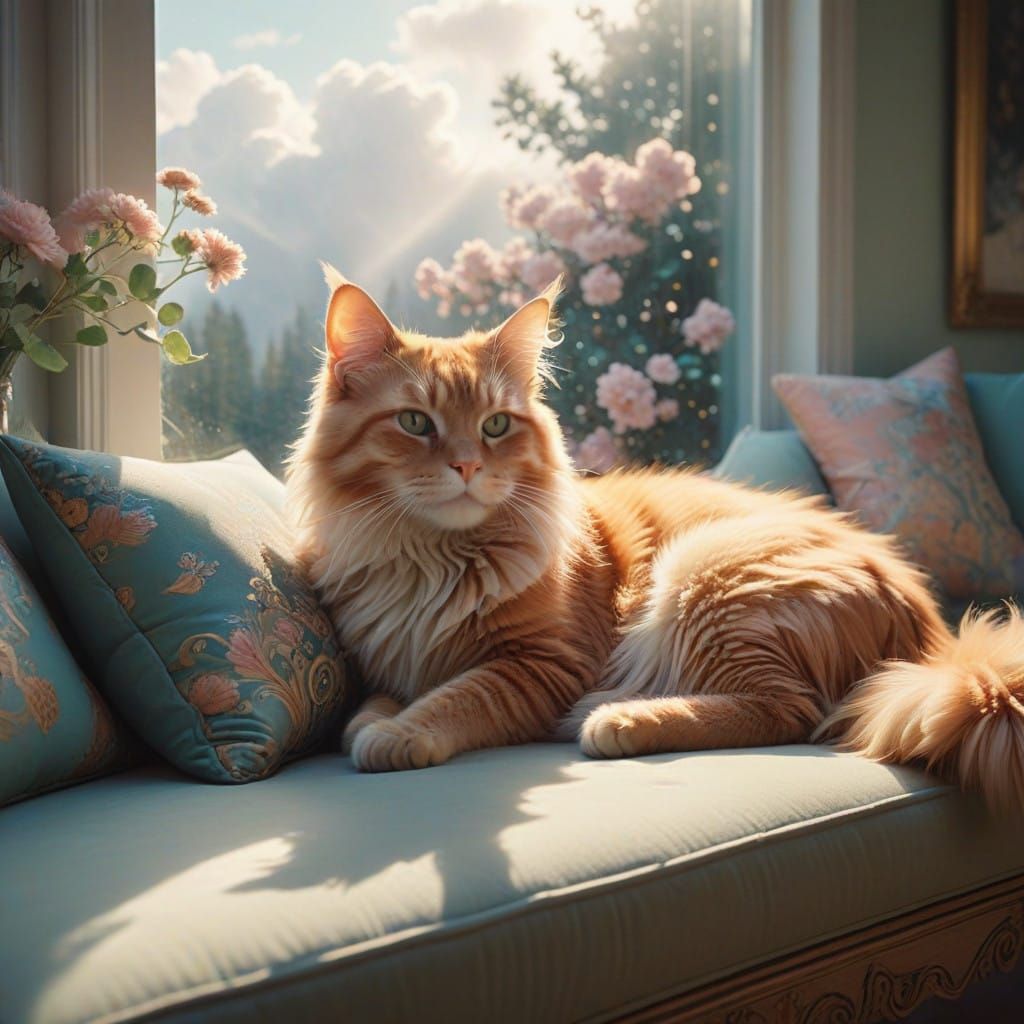 Whimsical Cat Basks in Sunshine on Plush Sofa