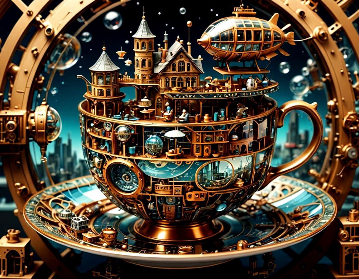 Hydropunk Tea Party in Optical Illustration Style