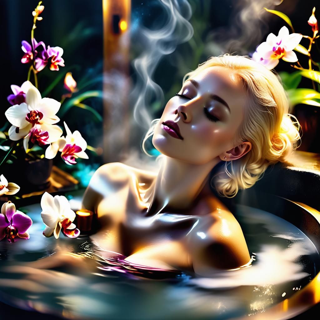 Ethereal Woman in Exotic Bath: Art Nouveau Digital Painting
