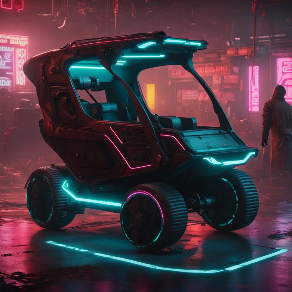 Cyberpunk Antique Pram in Neon Style