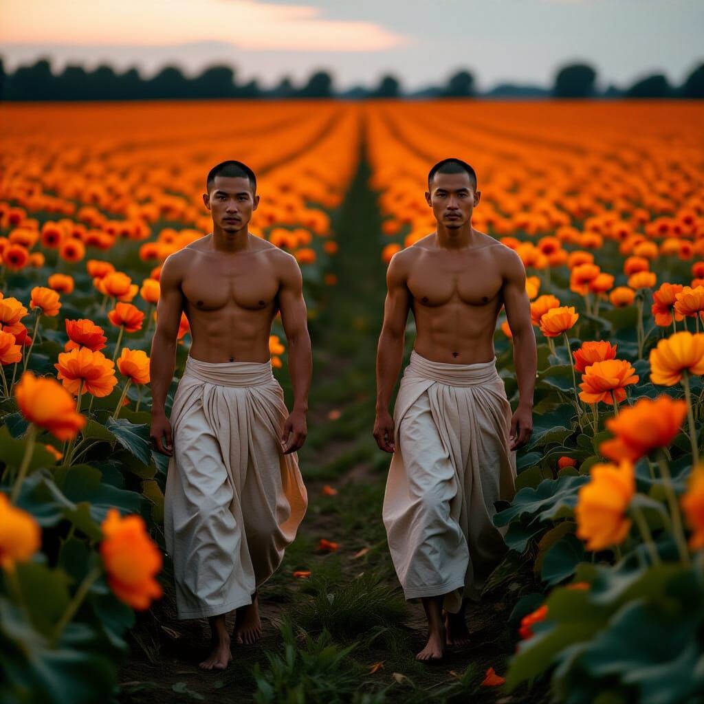 Pumpkin Field at Dusk in Pre-Raphaelite Style