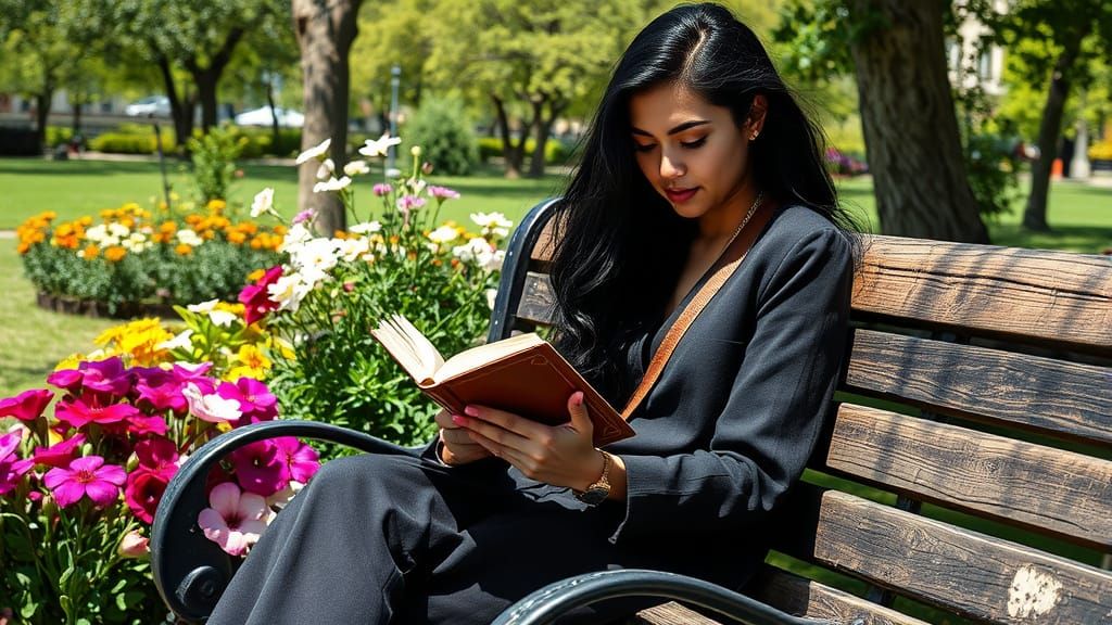 Moroccan Girl Reading in a Sunny Flower Garden