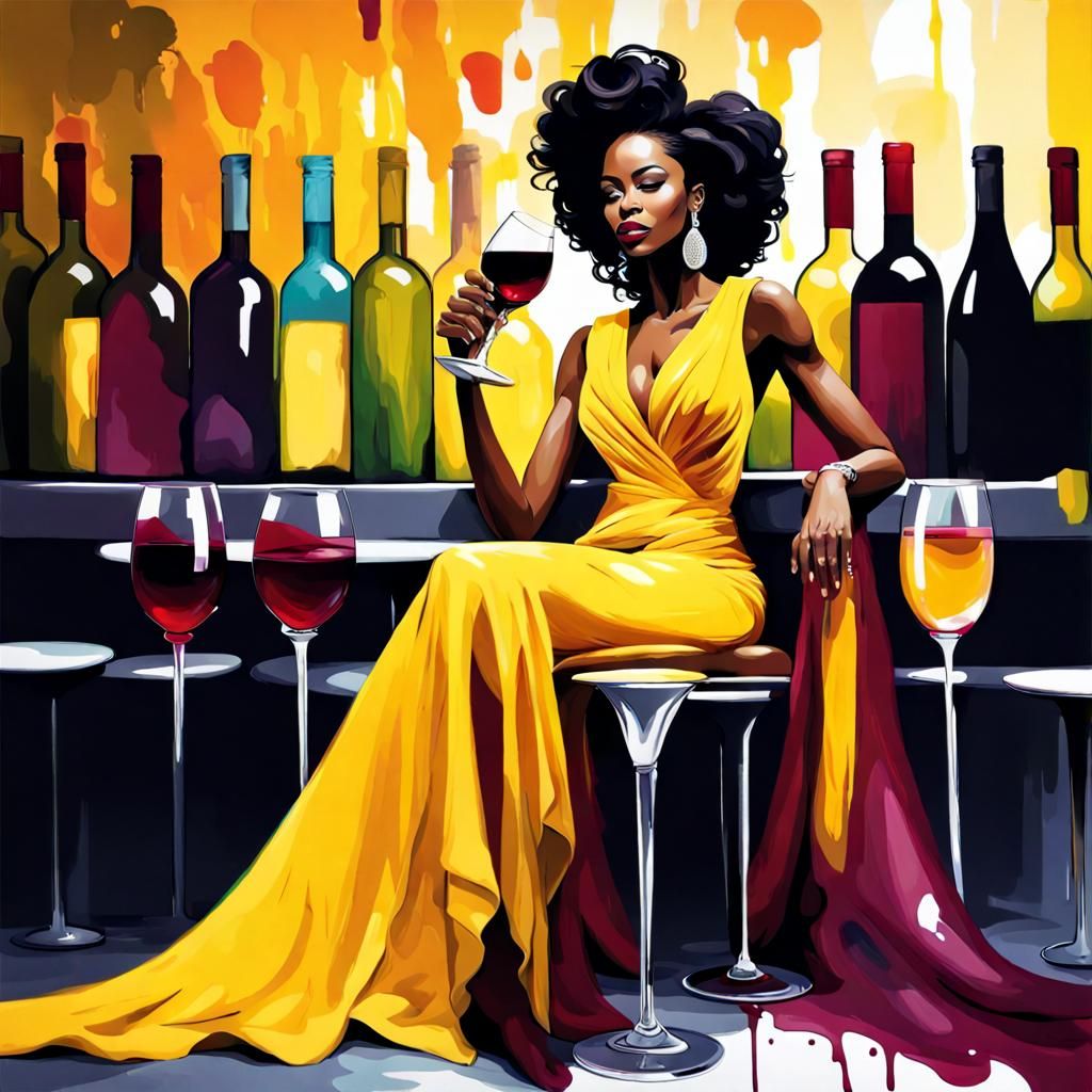 Elegant Woman in Yellow Gown with Wine: Digital Art