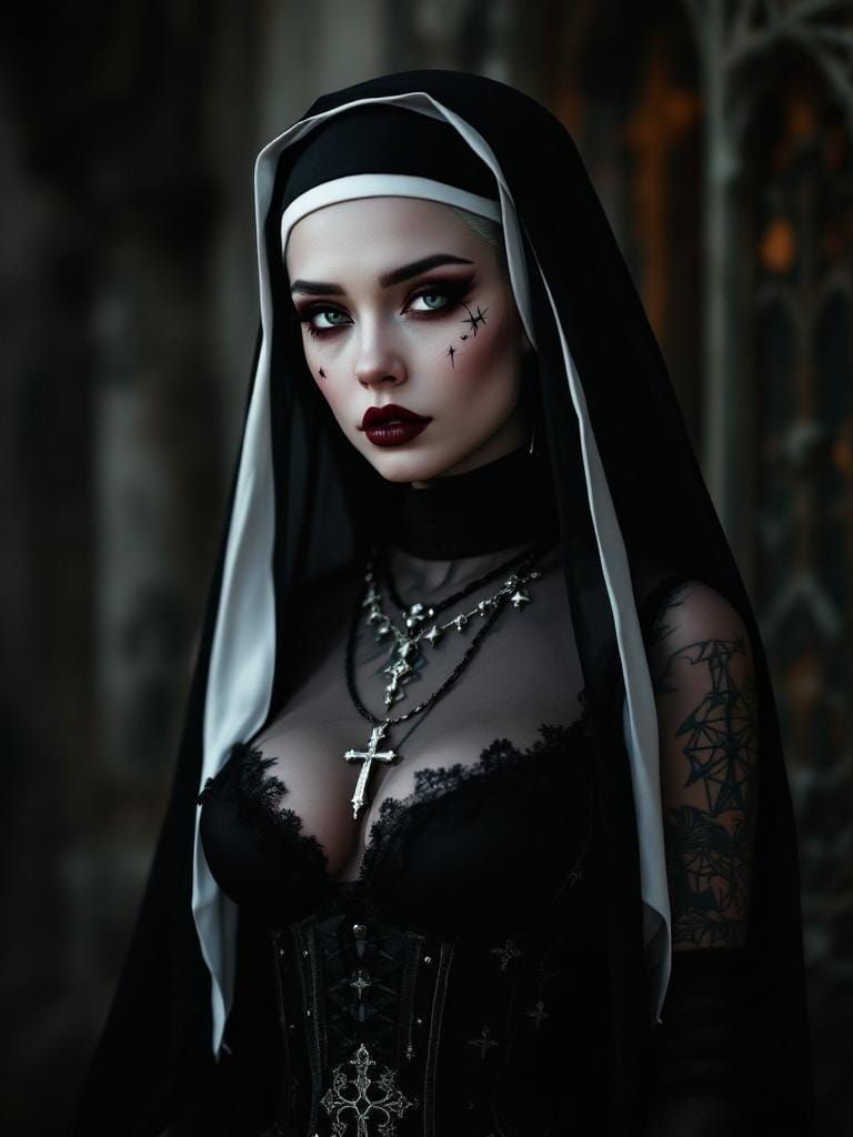 Tattooed Nun Portrait in Hyperrealistic Gothic Noir