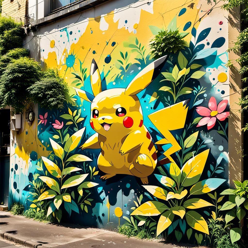 Vibrant Pikachu Mural Street Art in Urban Style