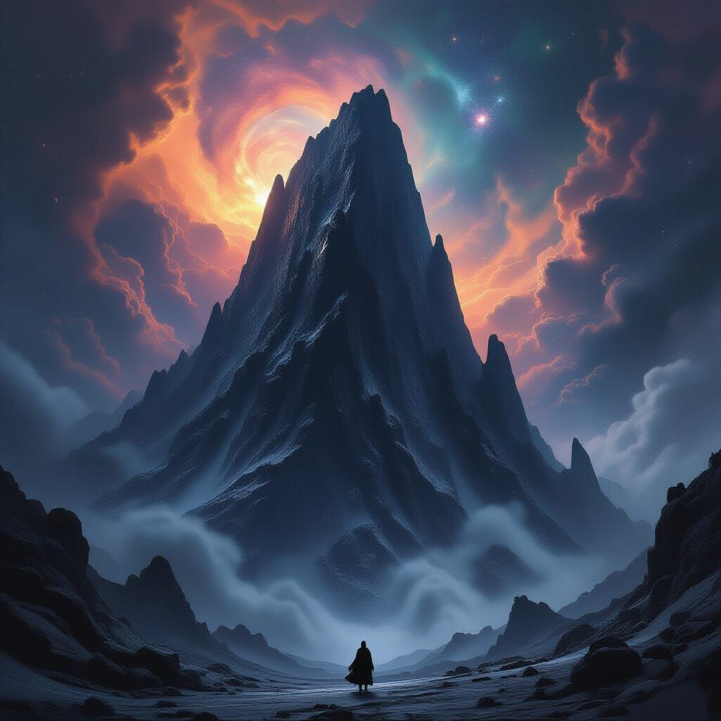 Colossal Obsidian Mountain in Cosmic Nebula with Eldritch Sy...